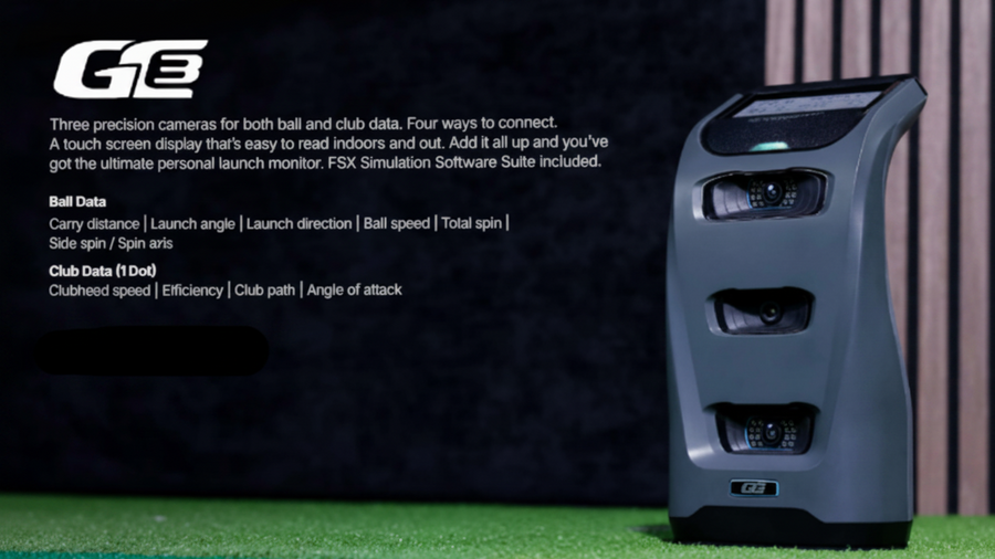 GC3 sports equipment launch monitor on a grassy field with promotional text.