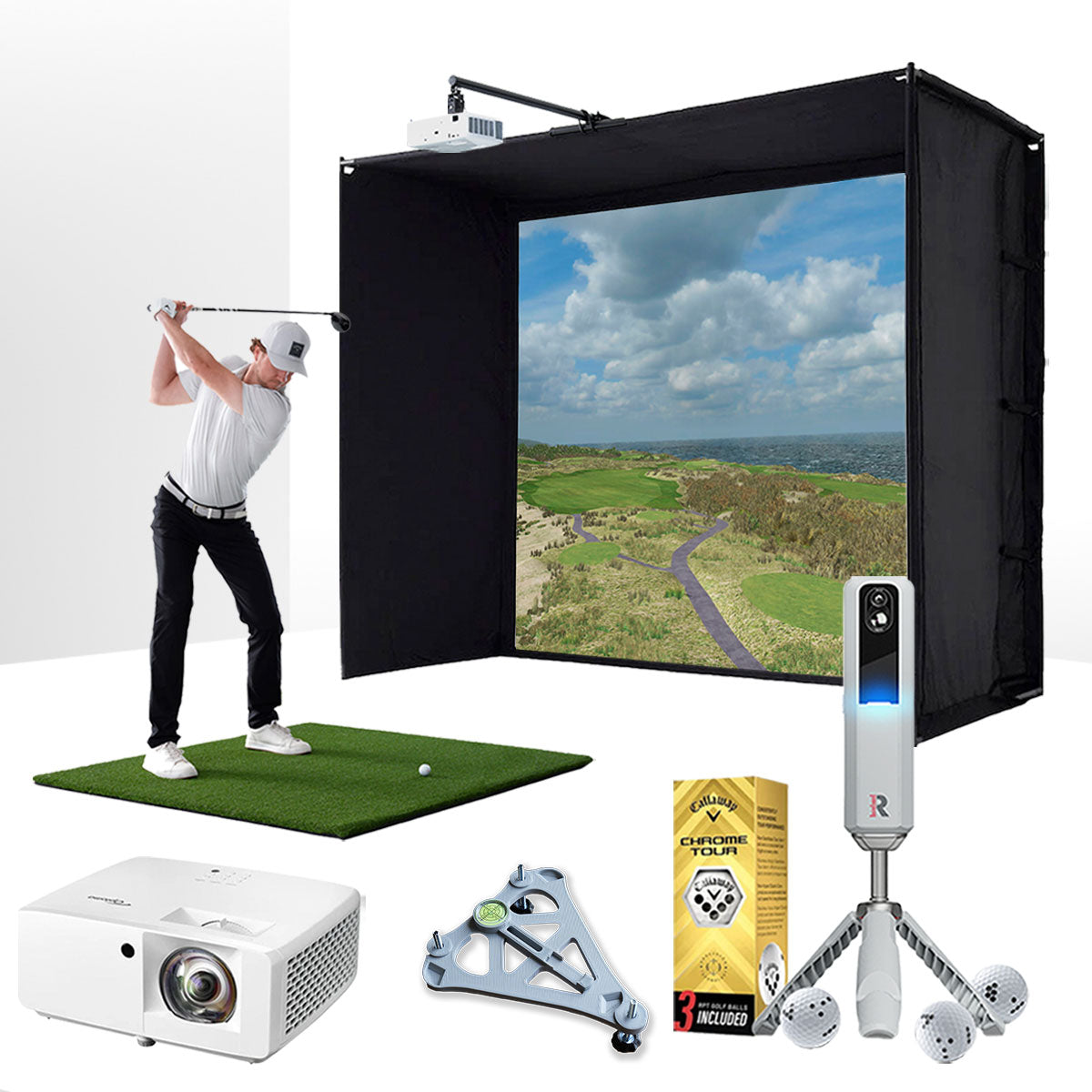 Rapsodo MLM2PRO with  ESSENTIALS Package | Golf Simulator Studio with Impact Screen, Enclosure, Hitting Mat, Projector & Alignment Stand